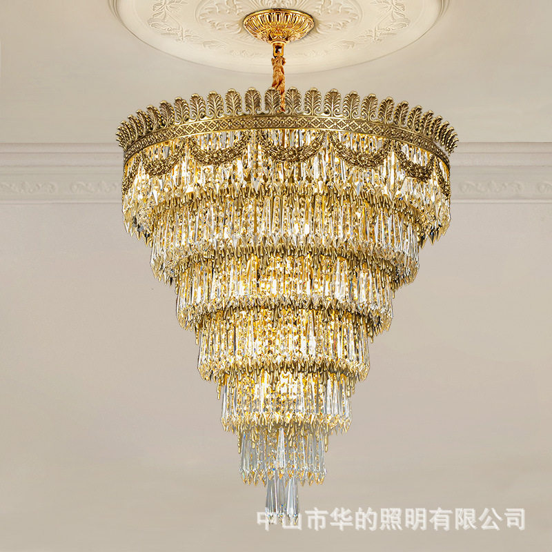 法式别墅客厅中空吊灯楼梯间转角长吊灯轻奢大堂灯欧式全铜水晶灯