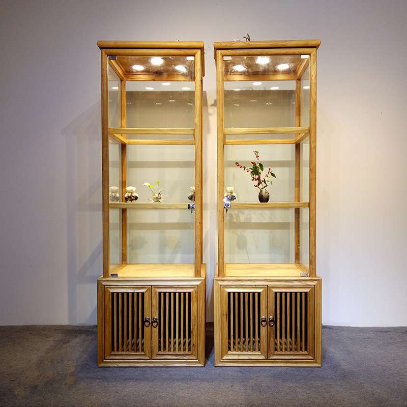 新中式珠宝展示柜实木玻璃首饰柜茶具层架酒柜货架立柜老榆木展柜