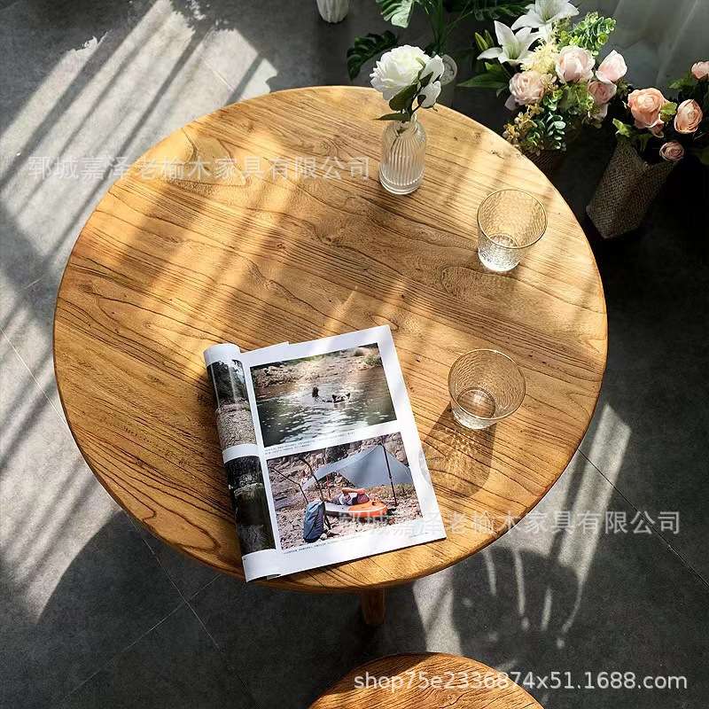 新中式实木小圆桌老榆木圆桌家用割草机/草坪机
