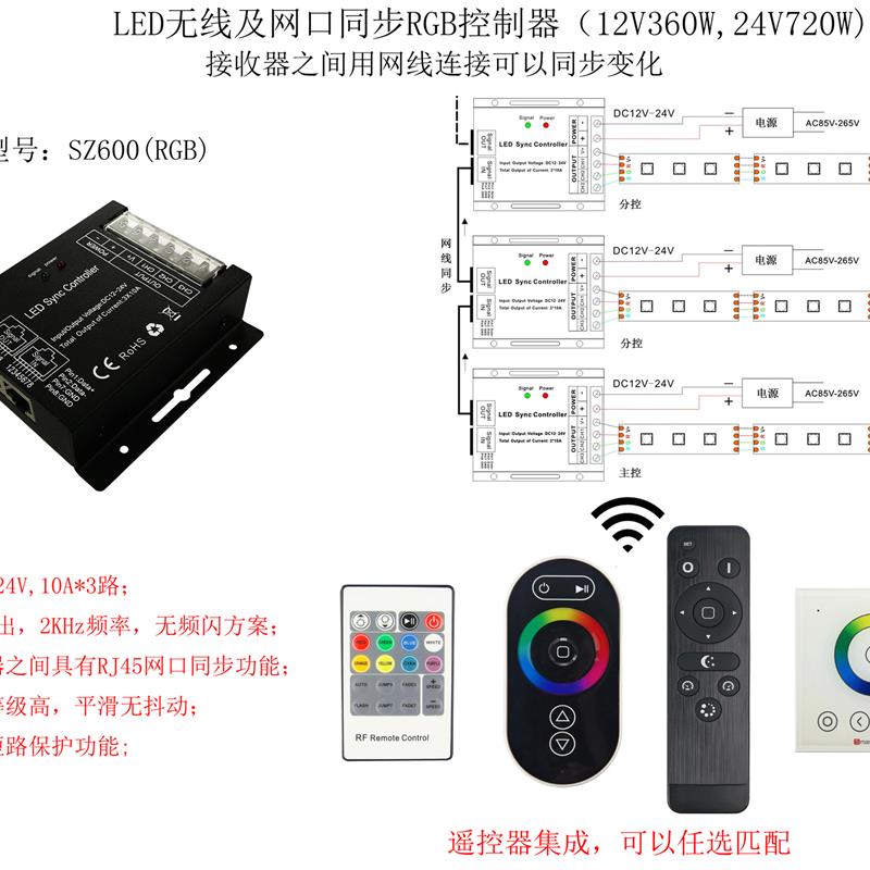 LED无线控制器 RGB灯条控制器 PWM七彩网线同步控制器12-24V 30A