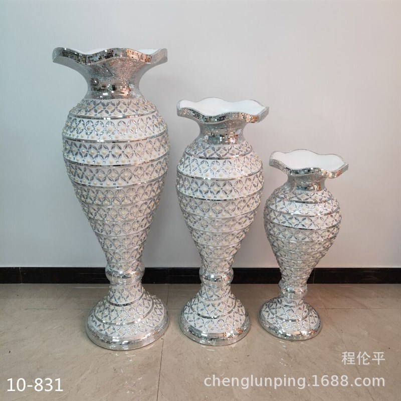欧式玻璃钢玻璃贴珠花盆商场酒店插花花器L装饰摆件创意落地大花
