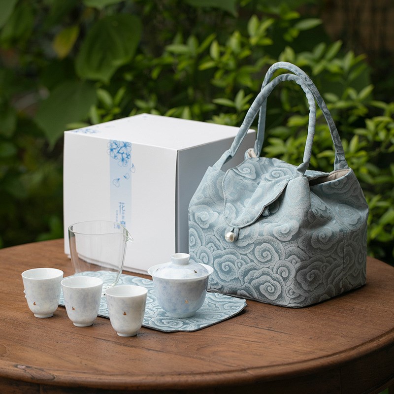 花开茶靡渐变盖碗陶瓷旅行茶具便携收纳布包小套组粉色女性品茗杯