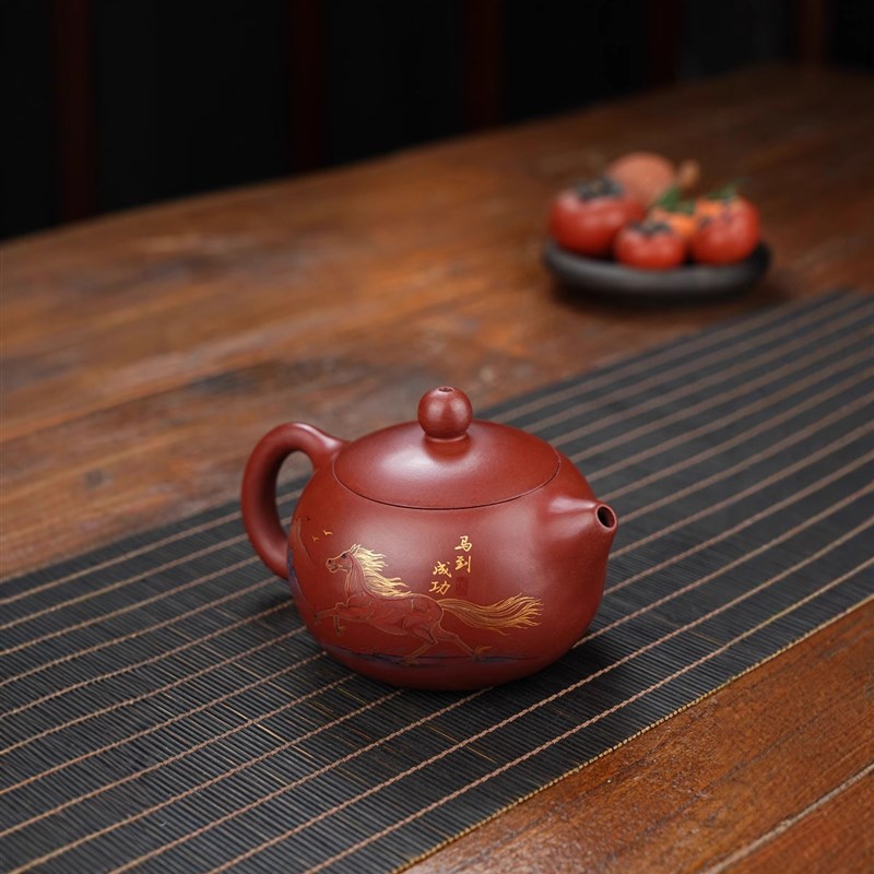 全纯手工紫砂壶正宗m宜兴龙血砂刻绘西施壶家用泡茶壶茶具马到成