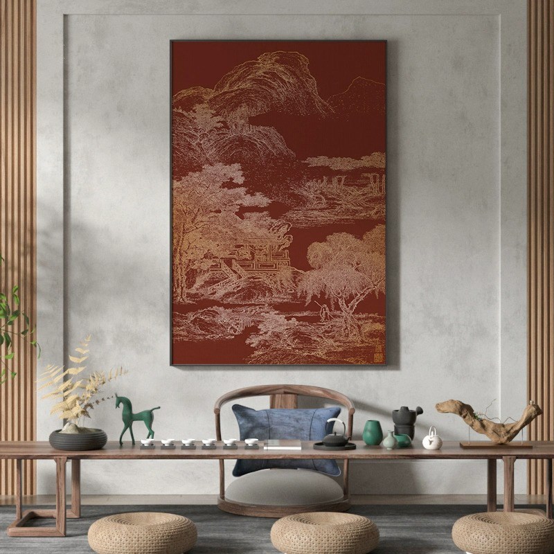 新中式装饰画客厅玄关壁画红色山水抽象L肌理线条艺术高级感挂画