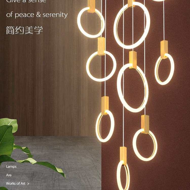 吊灯创意简约旋转楼梯复式楼客厅楼梯间现代别墅复式拉环长大气大