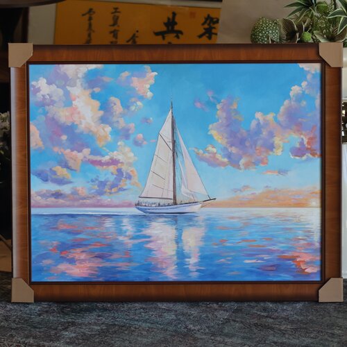 一帆风顺手绘油画海景帆船客厅装饰画现代轻奢蓝天白云玄关挂画