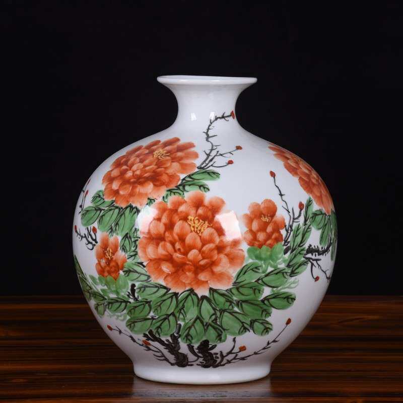 新款手绘牡丹陶瓷花瓶摆件景德镇中式花瓶客厅家居装饰品现货