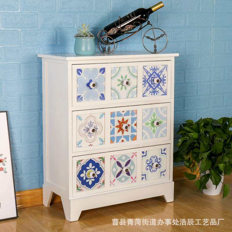现货木制抽屉式收纳柜简易床头柜彩绘斗柜多层储物柜置物餐边柜
