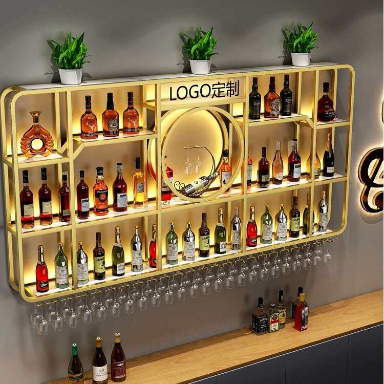 酒吧吧台酒柜壁挂餐厅墙上铁艺带灯展示架工业风酒架置物架轻奢风