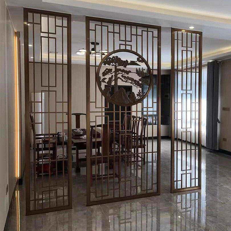 客厅入户金属镂空花格双面浮雕玄关隔断不锈钢中式迎客松屏风隔断