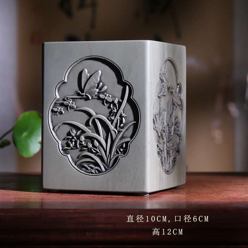 笔筒原石制端砚绿端大号毛笔收纳桶雕刻四君子书法陈列用品摆件