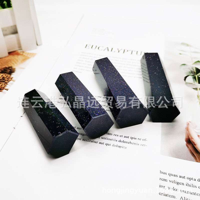 厂家 天然蓝砂石单尖柱水晶六棱柱原石打磨家居办公摆件