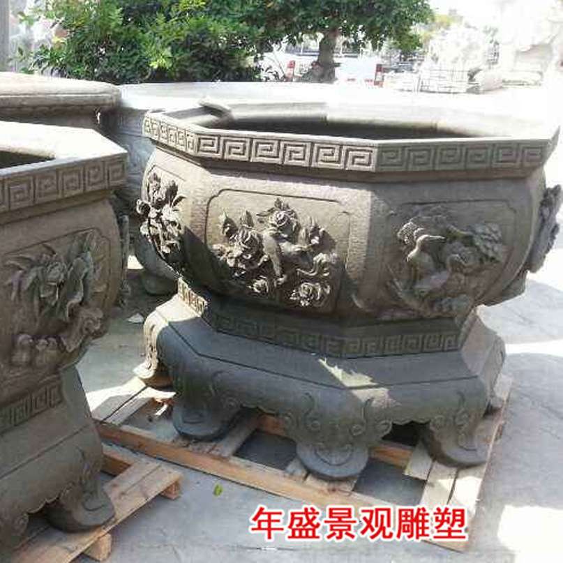 福建石雕仿古鱼缸厂家 荷花浮雕石槽 庭院园林雕刻养鱼池子水缸