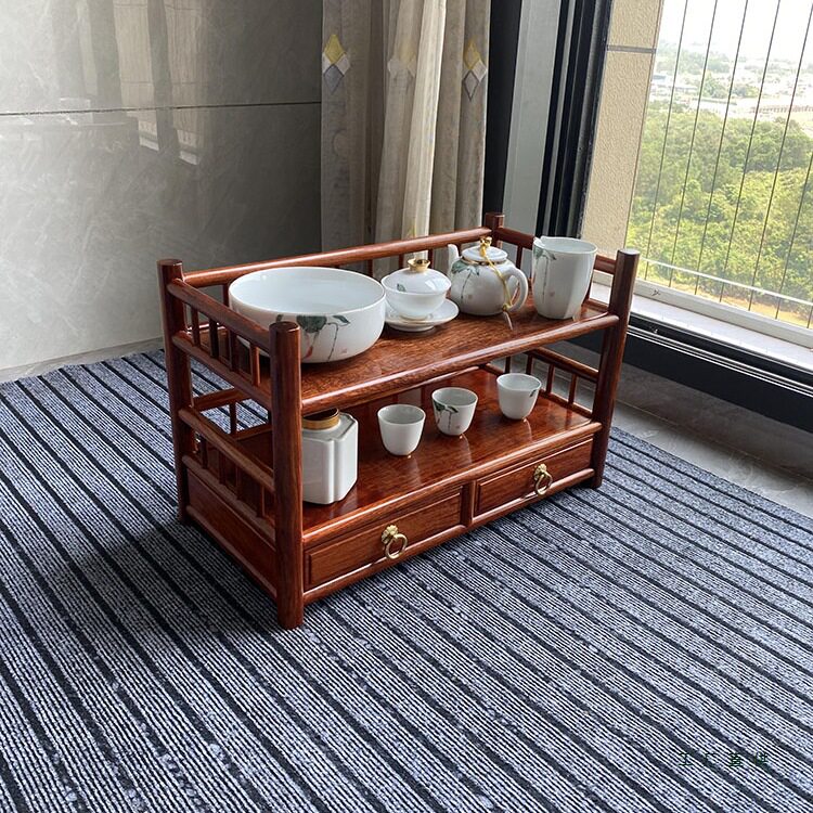 缅甸花梨木茶水架桌面茶具茶壶收纳架茶杯收纳架带抽屉两层摆放架