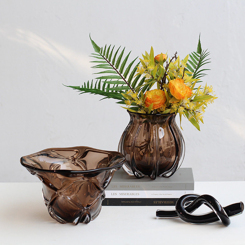 怡露工艺琉璃加厚棕色花瓶钱袋花器软装家具设计新品摆件批发碧轩