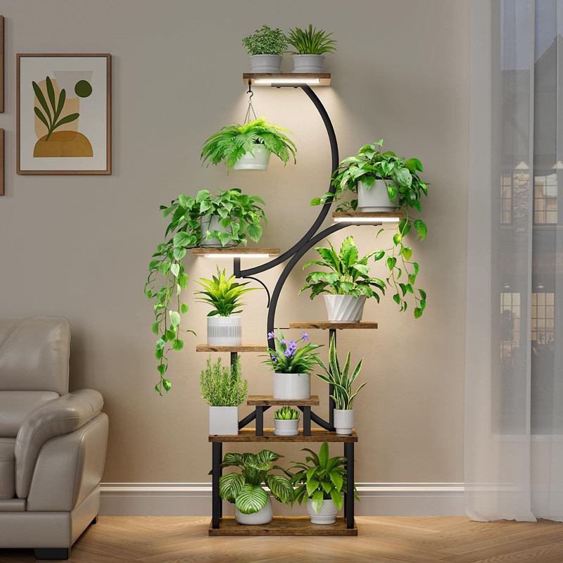 热销带植物灯铁艺落地花架