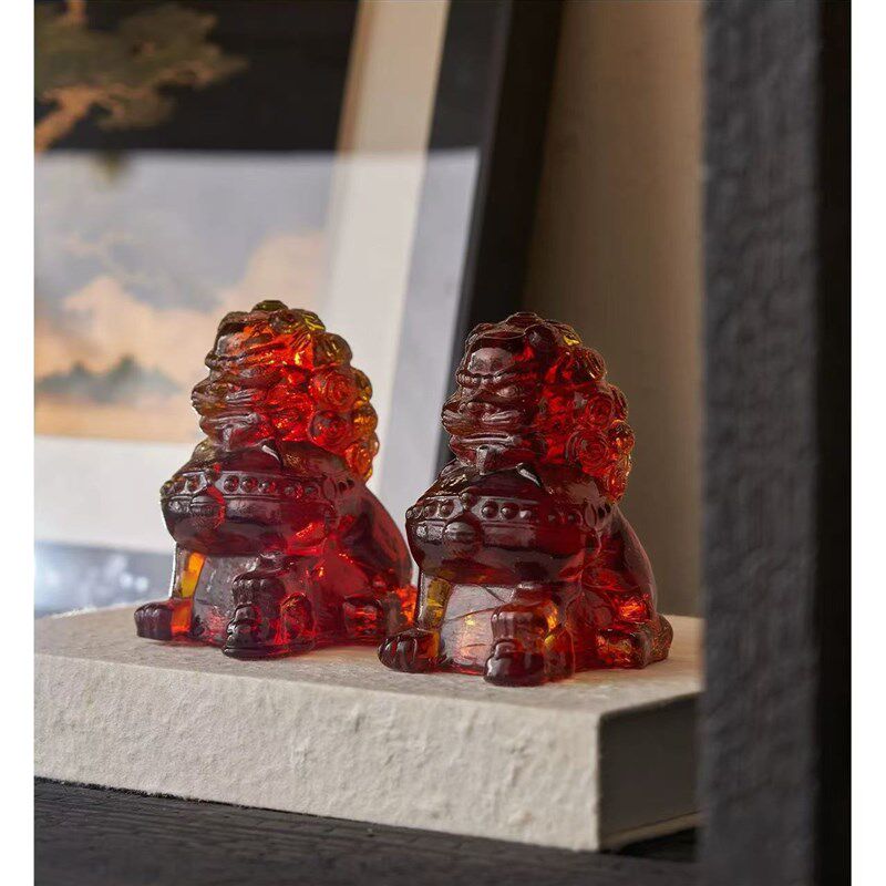 新中式树脂透明轻奢狮子摆件样板房家居书房办公室软装工艺品装饰