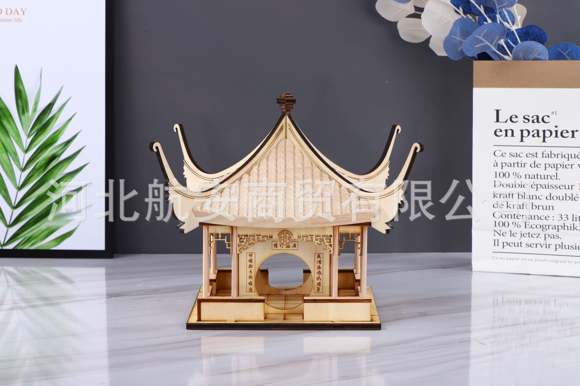 新中式木质凉亭桌面摆件