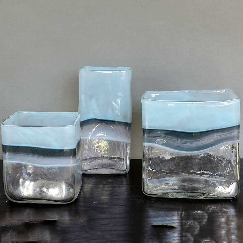 上天蓝下明彩色玻璃工艺品 美式乡村花瓶摆饰 几何形彩色玻璃