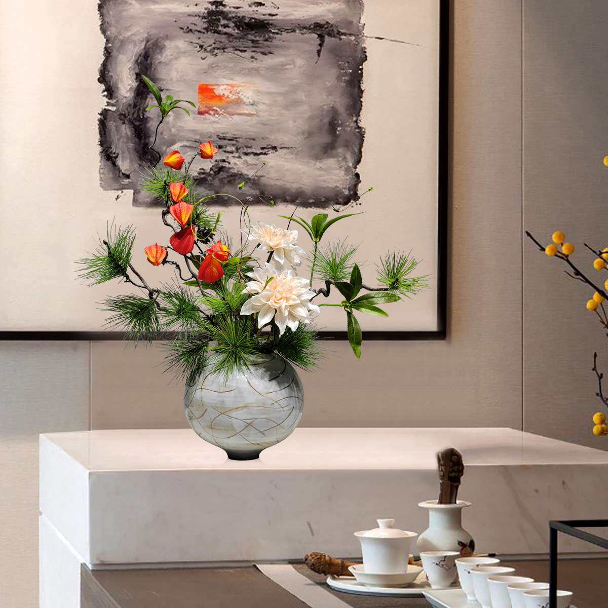 中式创意仿真花艺摆件客厅餐桌展厅洽谈桌绿植假花家具装饰品摆件