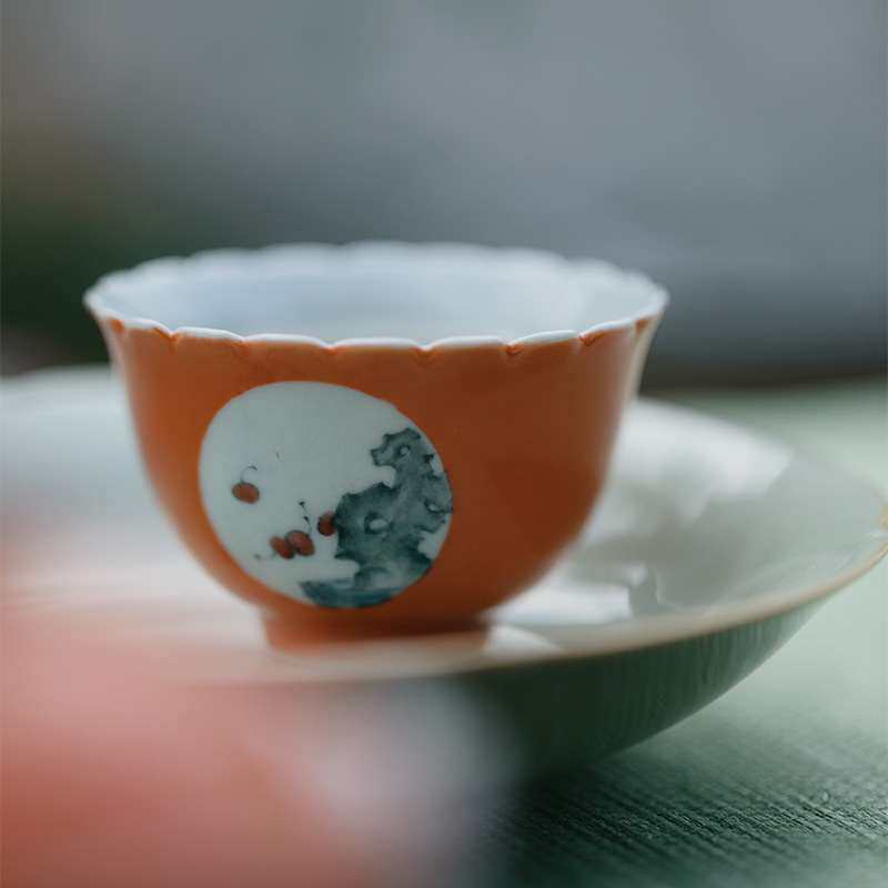 无落景德镇手绘开窗矾红品茗杯茶具盖碗文房观石菊花口杯喝茶杯