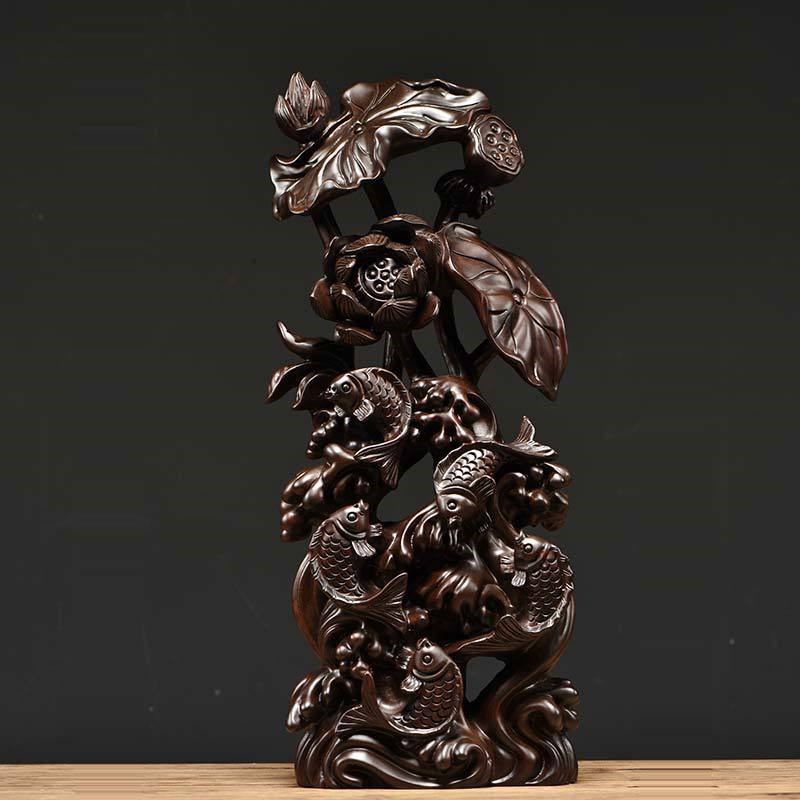 花梨木雕年年有鱼摆件莲花根雕实木客厅装饰品鲤鱼U工艺品开店送