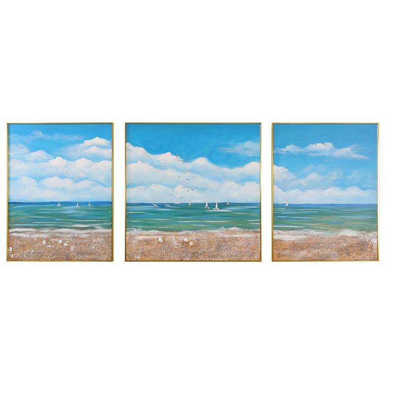 手绘油画立体肌理白云帆船风景画客厅沙发装饰P画酒店宾馆三联挂