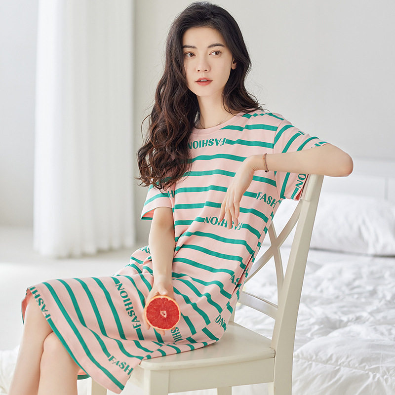 100%纯棉睡裙女短袖夏季学生韩版甜美中长裙睡衣可外穿家居服条纹