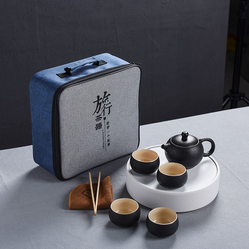 粗陶功夫干泡盘旅行茶q具套装一壶四杯日式便携包快客杯小茶盘刻