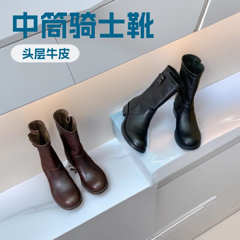 高定版三角标女单靴秋冬新款圆头粗中跟休闲复古中筒靴骑士靴