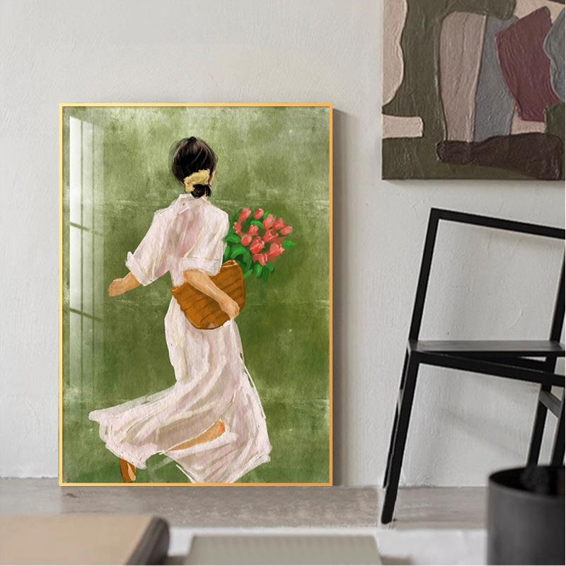 中古风客厅装饰画美式乡村少女人物艺术挂画高级感绿色复古大幅画
