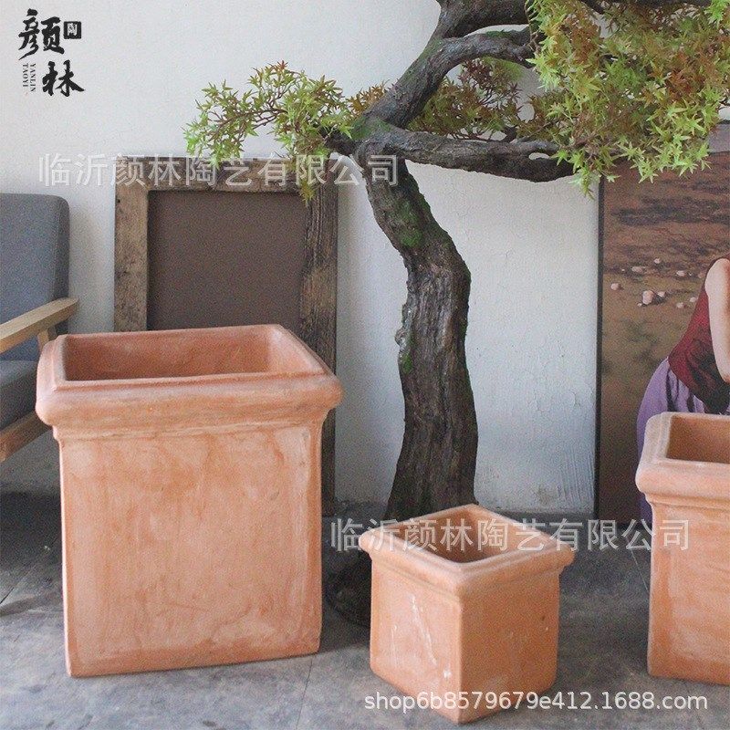 正方形花盆红陶做旧粗陶盆大号方形盆田园风栽树盆景观园艺陶器