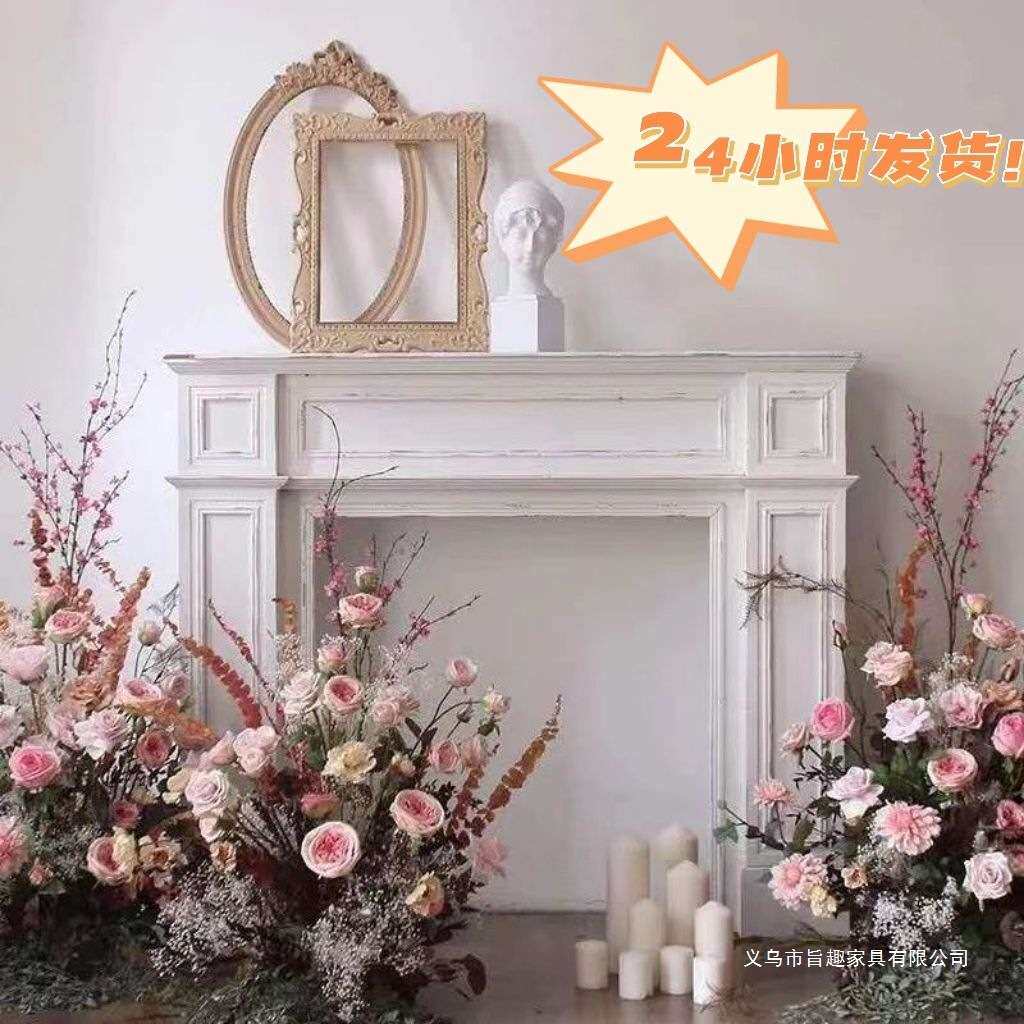 美式复古壁炉架简约做旧原木色装饰柜客厅玄关法式白色柜田园民宿