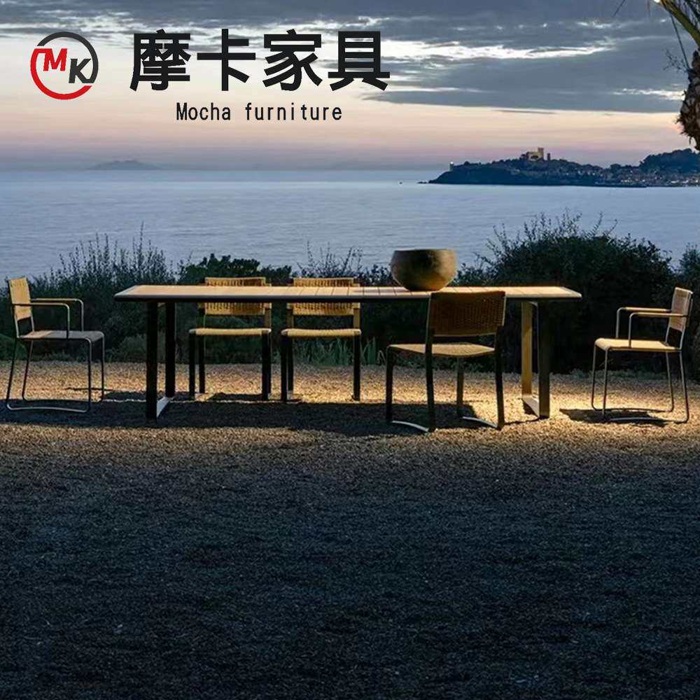 户外餐桌椅藤编休闲阳台组合庭院民宿设计师铝合金柚木餐桌藤椅子