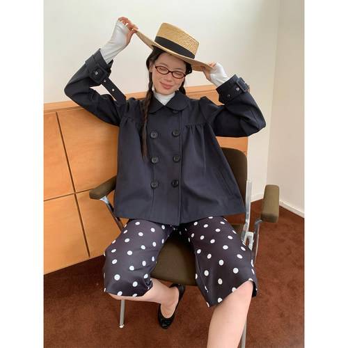 SOOMIE藏蓝娃娃领双排扣短款风衣
