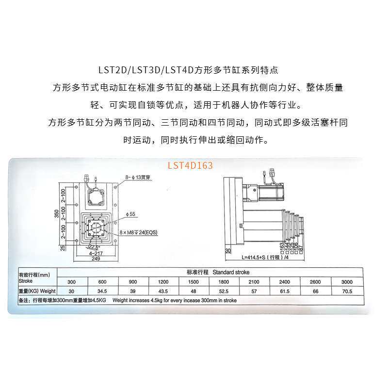 灵德伺服电缸 四节式方形圆形同动三节多节电缸升降可调电动缸100