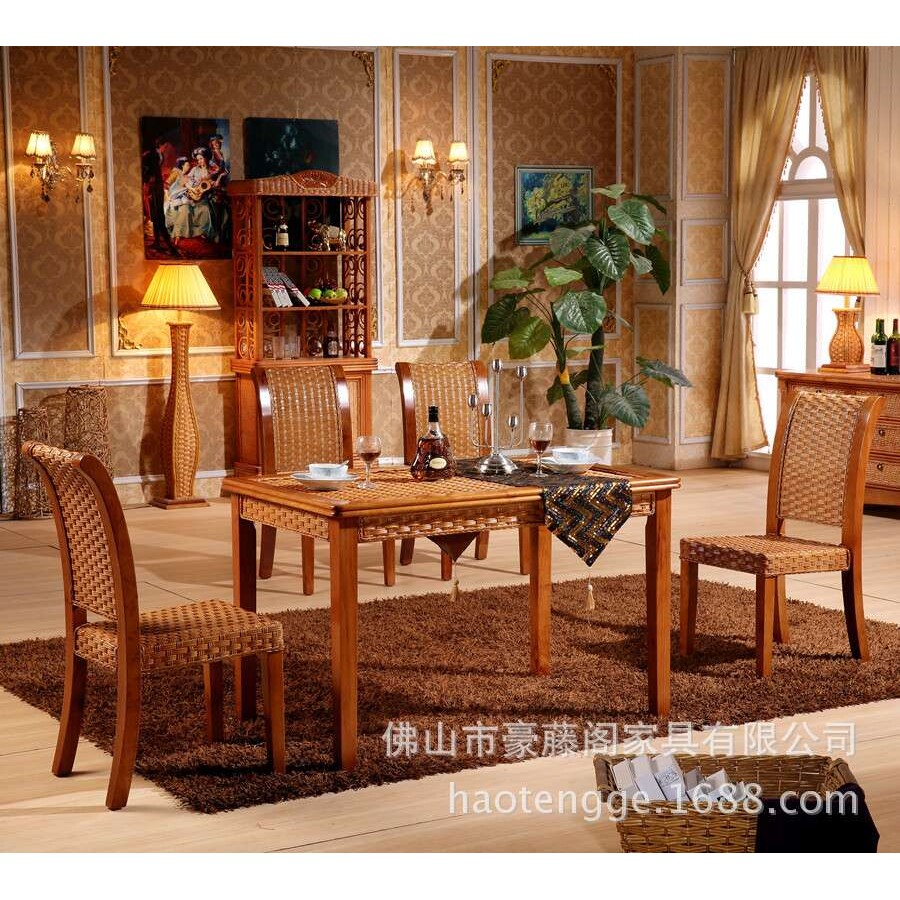 厂家  天然藤木家具组合 印尼真藤藤制酒店家具五件套藤编桌椅