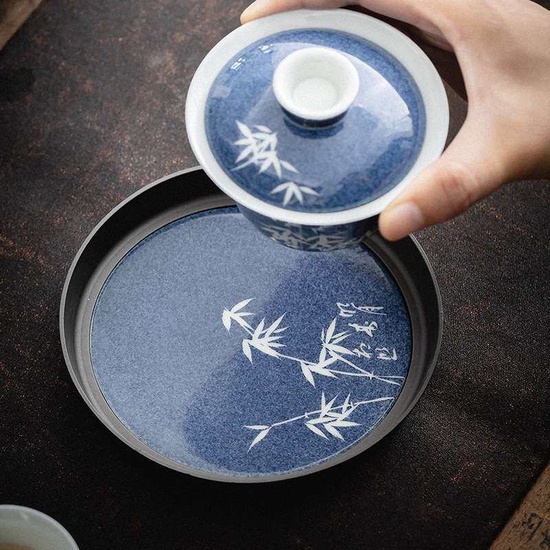 弥言洒蓝釉留白纯手绘壶承日式老铁干泡储水小茶台茶盘圆形小托盘