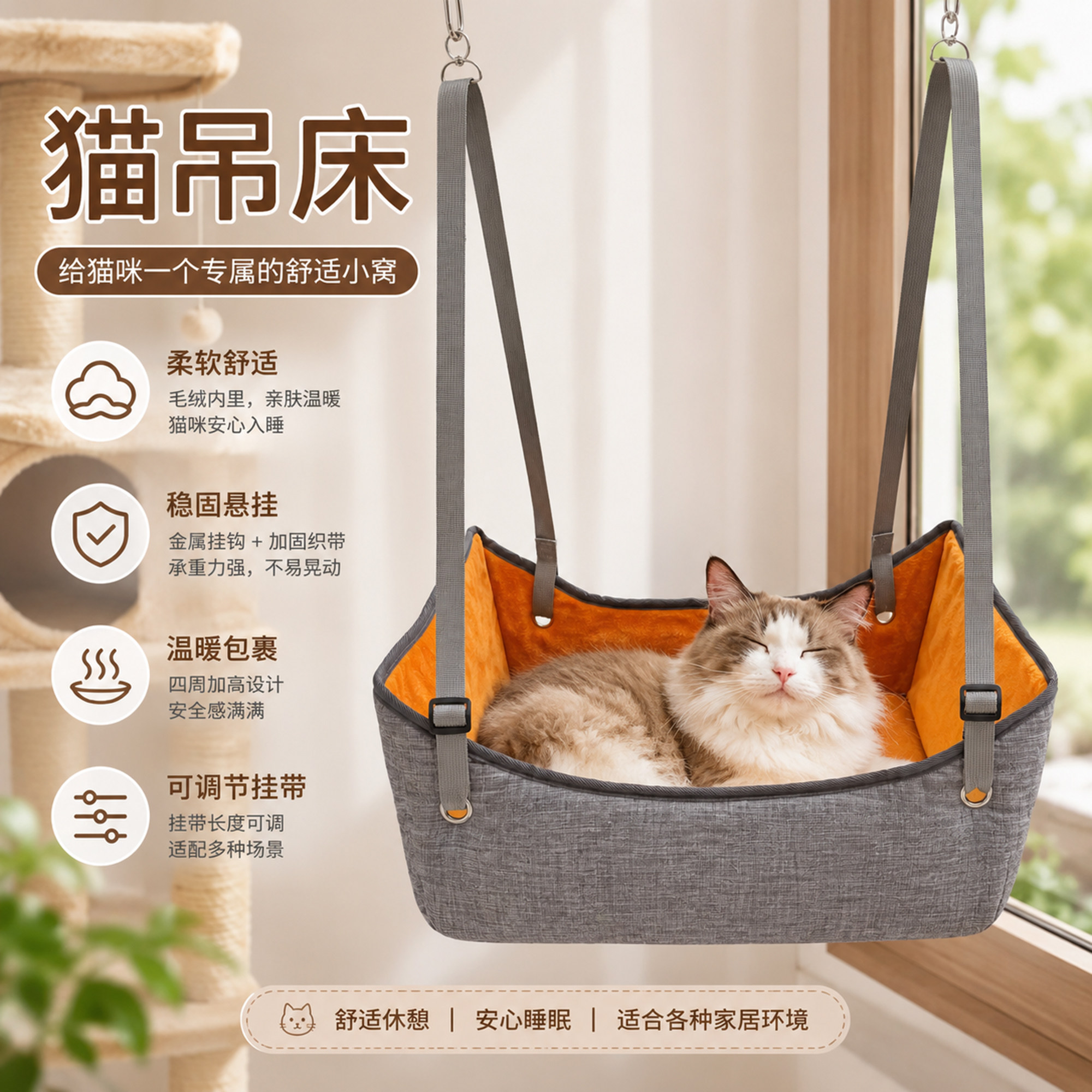 猫吊床悬挂式猫窝 可调节挂床 冬季保暖毛绒猫咪吊窝窗户晒太阳