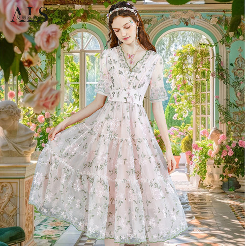 法式碎花粉色甜美连衣裙