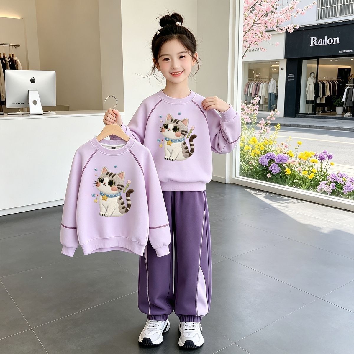 女童秋季运动套装2026新款印花可爱猫儿童卫衣圆领女大童卫裤套装