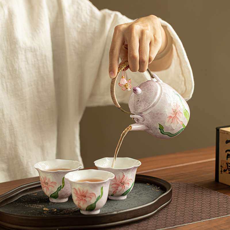 源头手绘堆釉百合茶壶提梁壶茶杯品茗杯茶盘干泡盘陶瓷茶具套装组