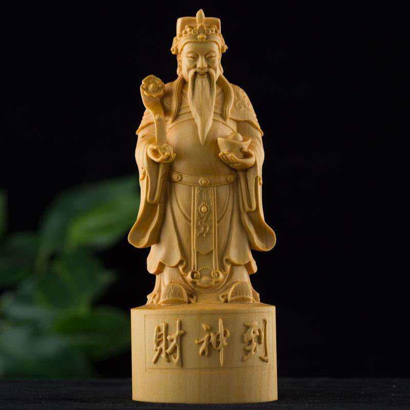 黄杨木财神到摆件实木雕刻禄星财神爷木制工艺品财神到财运到招财