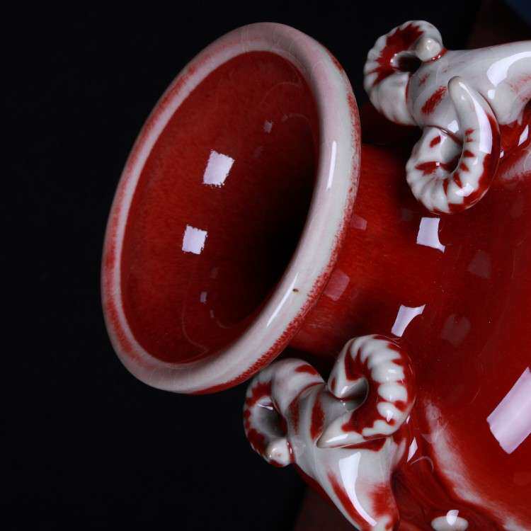 景德镇陶瓷花瓶仿古瓷器钧瓷红釉三阳开泰陶瓷工艺品新中式摆件