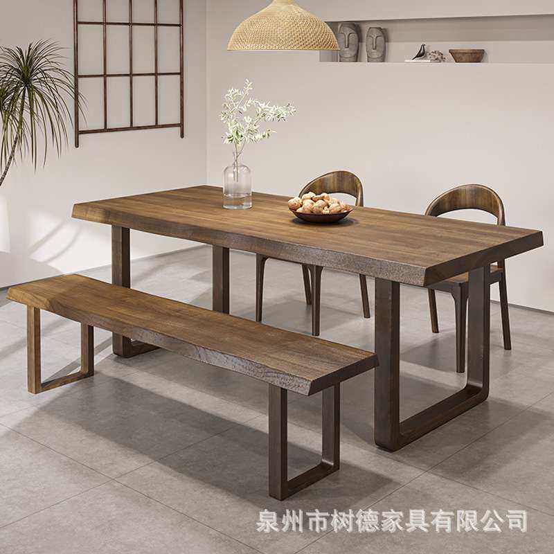 美式复古做旧全实木餐桌椅组合工业风主题餐厅用餐饭桌商用餐桌椅