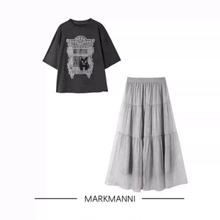 MKMANI 夏季减龄宽松百搭印花短袖T恤上衣网纱半身裙