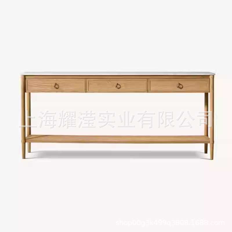 RH美式实木大理石玄关台法式复古玄关桌客厅茶几沙发背几外贸出口