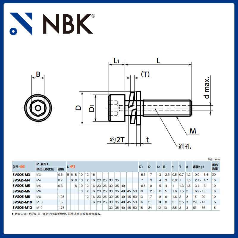 NBK SVSQS 系列螺丝厂家直供带垫圈内六角圆柱头螺栓 供应