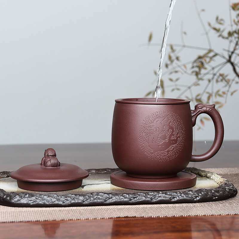 宜兴紫砂杯内胆过滤茶杯带盖杯子原矿全手工茶具紫泥隔舱杯龙貔貅