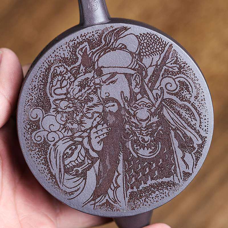 宜兴名家天青泥紫砂壶 纯手工春秋汉瓦茶壶陶刻关羽茶具李卢春制